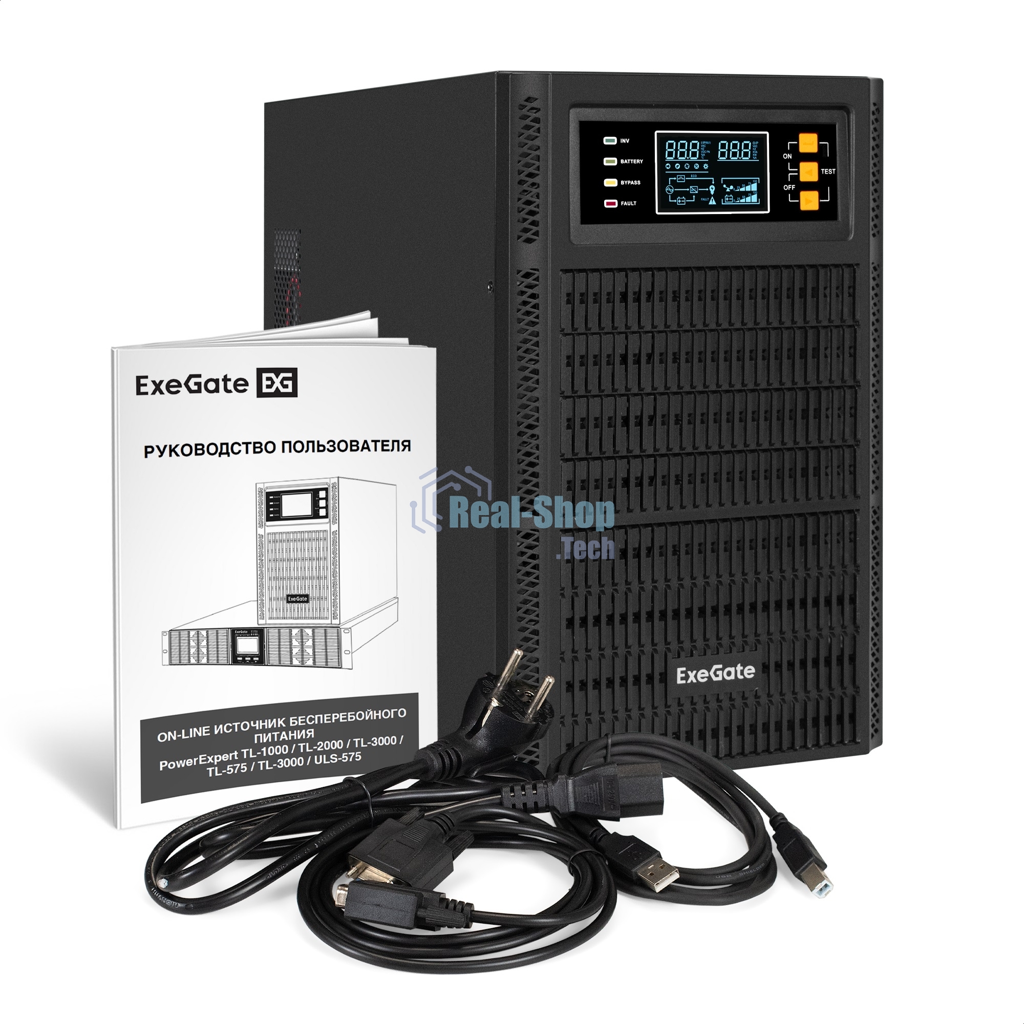 Источник бесперебойного питания On-line ExeGate PowerExpert TL-3000.72V.LCD.AVR.3SH.USB.RS232.SNMP 3000VA/3000W, On-Line, PF=1, LCD, 3*Schuko, RS232, USB, SNMP-slot, встроенные батареи 12V 7.2Ah - 6шт, возможность подключения до 4 внешних батарейных блоков 72В, Tower, металлический корпус, черный