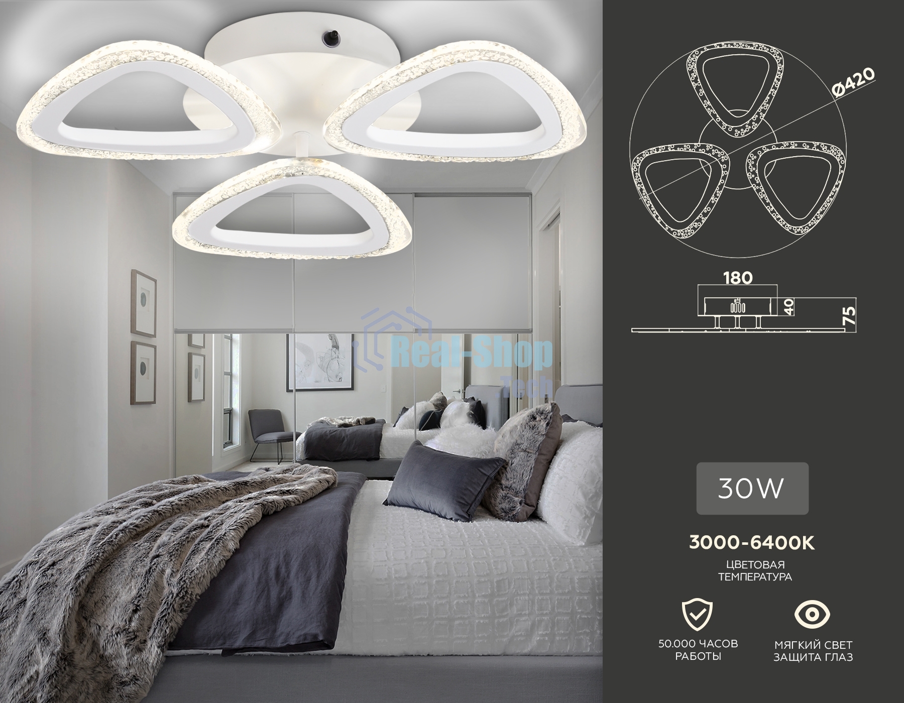 Потолочный светодиодный светильник FA4508/3 WH белый 30W 4200K/3000K/6400K D420*75 (ПДУ ИК)