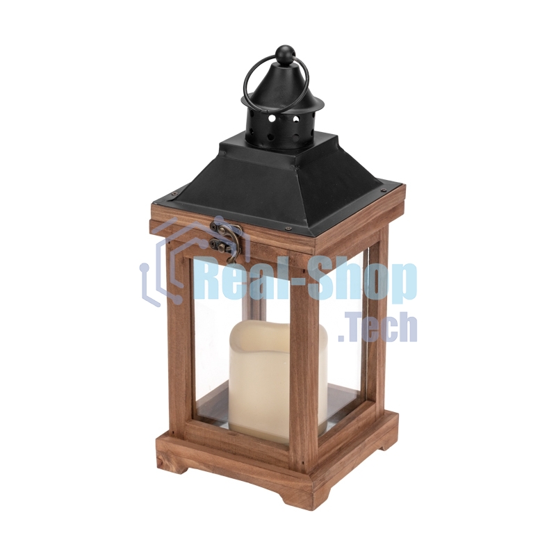 Декоративный фонарь Neon-night со свечкой, корпус из дерева, размер 14х14х35cм, теплый белый