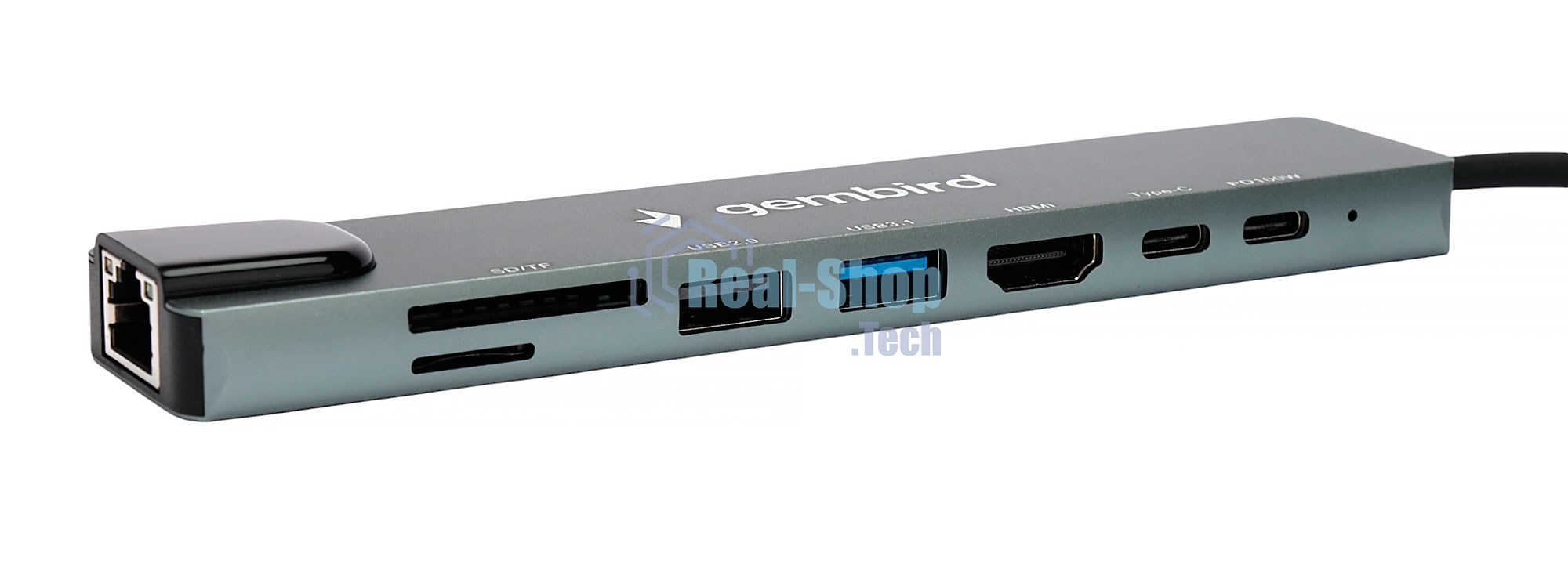 USB-концентратор Type-C Gembird UHB-D3, 8в1: USB2.0, USB3.1, Type-C PD87W, Type-C, HDMI, SD/TF, RJ45, кабель 20 см, алюминий