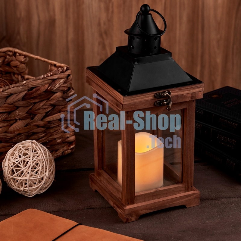 Декоративный фонарь Neon-night со свечкой, корпус из дерева, размер 14х14х35cм, теплый белый