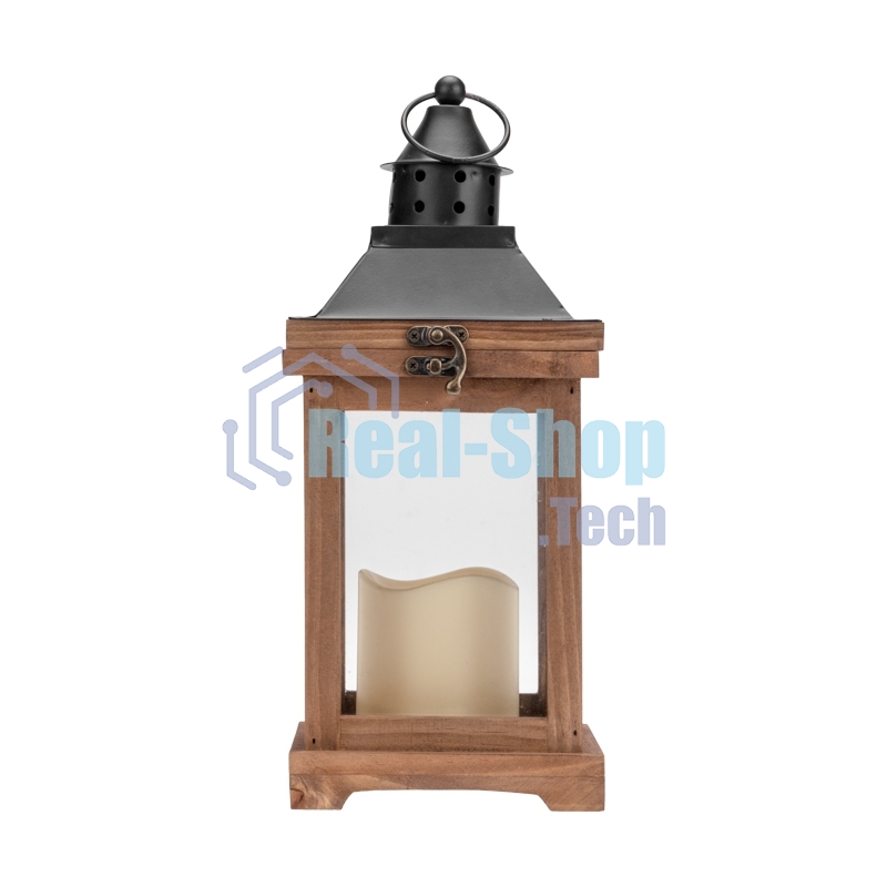 Декоративный фонарь Neon-night со свечкой, корпус из дерева, размер 14х14х35cм, теплый белый