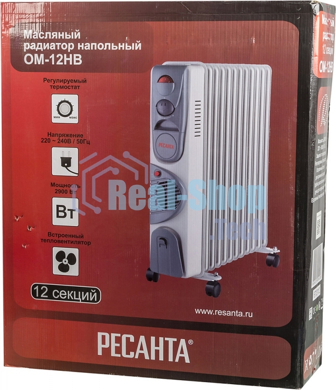 Обогреватель масляный Ресанта ОМ-12НВ (12 секций) белый, 2900 Вт, 25 м2, термостат 67/3/12