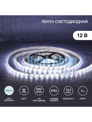 Лента светодиодная 3 м 12 В 5050 6500 К IP65 60 LED/м для БП с клеммами LAMPER