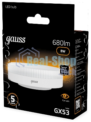 Лампа светодиодная Gauss 8Вт цок.: GX53 таблетка 220B св. свеч. бел. теп. Tablet (упак.: 10 шт)
