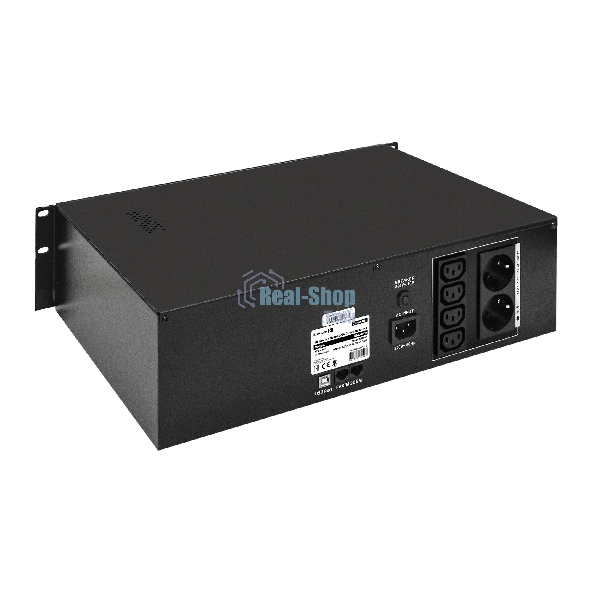 Источник бесперебойного питания ExeGate ServerRM UNL-1500.LCD.AVR.2SH.4C13.RJ.USB.3U / 1500 ВА / 900 Вт / 4 x IEC 320 C13, 2 x CEE 7 (евророзетка)