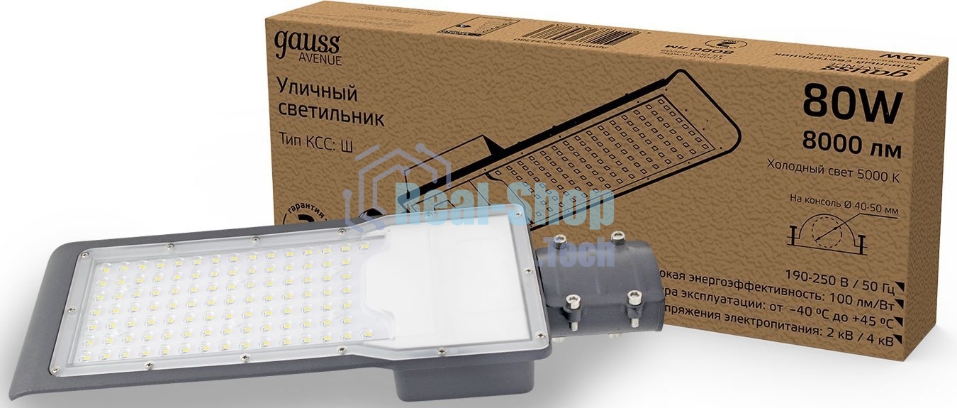 Светильник светодиодный Gauss Avenue 420х160х57 80Вт 5000К 8000лм IP65 190-250В уличный КСС 