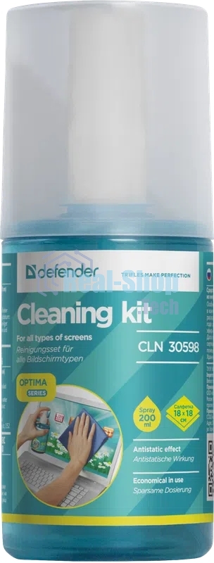 Чистящий спрей Defender для экранов/пластиковый флакон с пульверизатором 200 мл + микрофибра 20 х 20 см/Беларусь