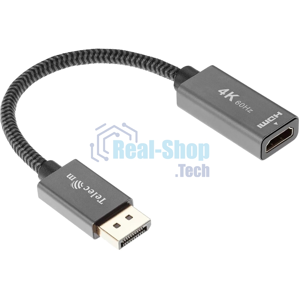 Кабель-переходник DP --> HDMI-F 0.2m, серый металлик, оплетка, 4K@60Hz, Telecom (TA560)