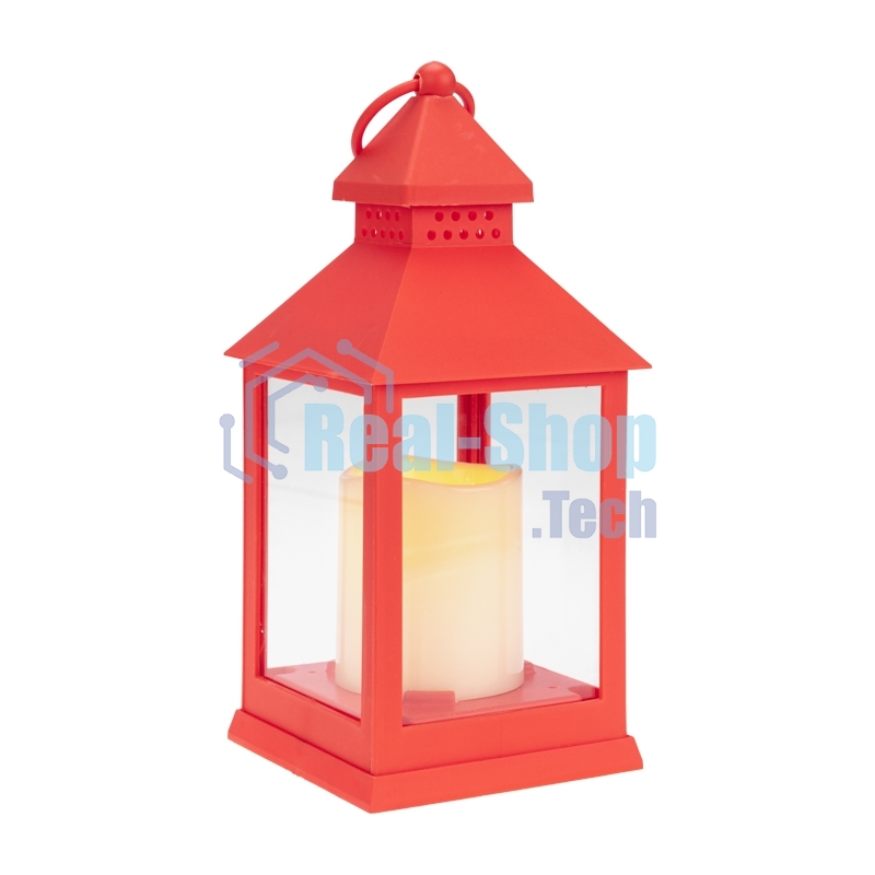 Декоративный фонарь со свечкой, красный корпус, размер 10,5х10,5х24см, теплый белый
