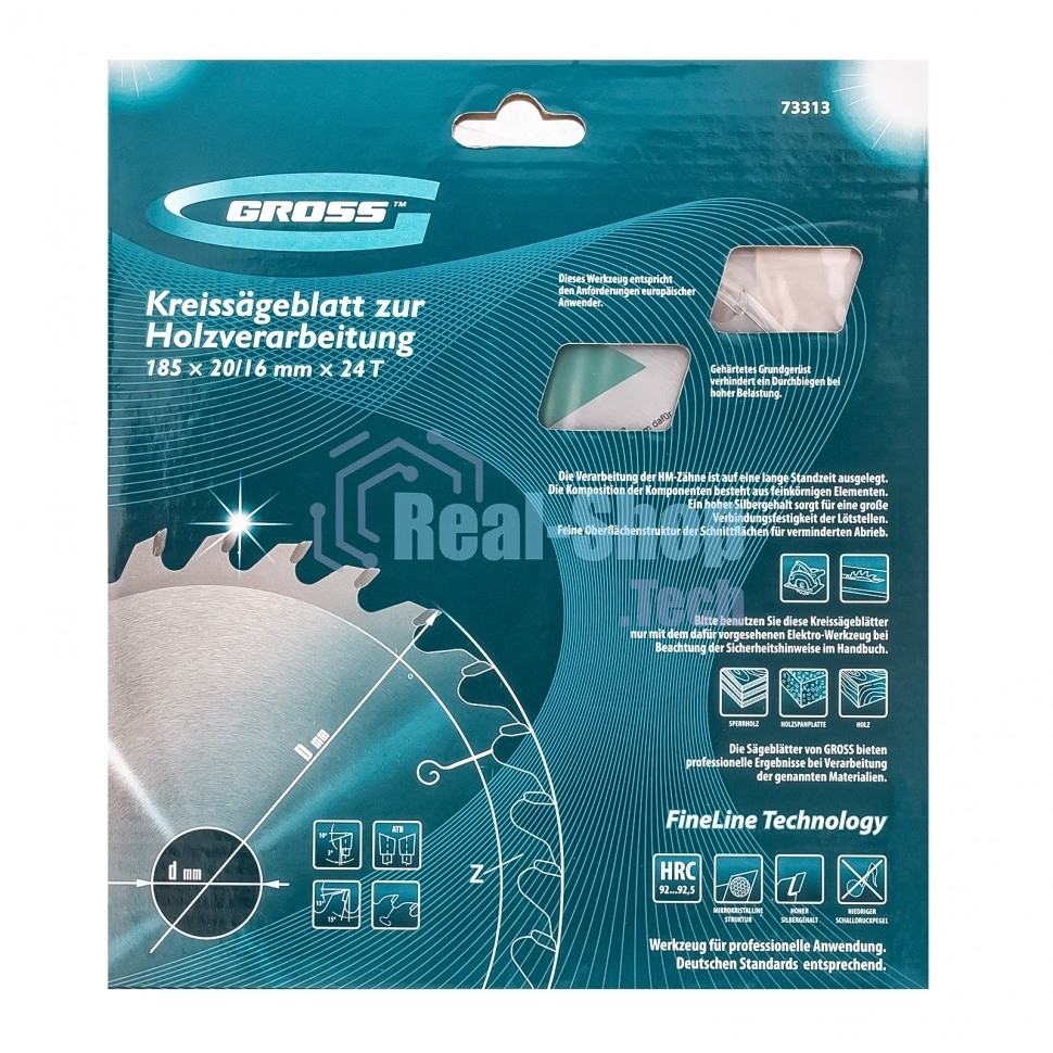 Пильный диск по дереву Gross ф185 х 20 мм, 24 зуба + кольцо 20/16мм