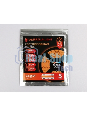 Светодиодная лента Ambrella light GS2601 COB 320Led/ 10W m/ 12V IP20 3000K/ 5000*8*1.54mm (2 конт.)