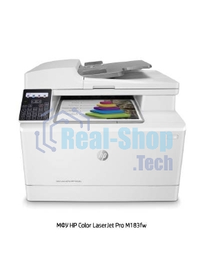 МФУ лазерное HP Color LaserJet Pro M183fw (7KW56A), A4, цветной, печ. до 16 стр/мин., скан. до 15 стр/мин. (ч/б) 8 стр/мин. (цвет), 600 x 600 dpi (печать) 1200x1200dpi (скан.), USB, RJ-45, Wi-Fi, Air Print, Mopria