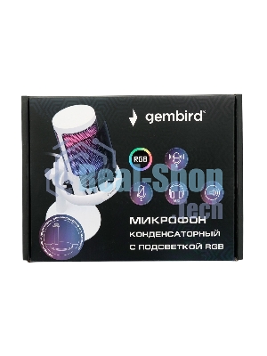 Микрофон конденсаторный Gembird M-01NW, подсветка RGB, шумоподавление, настольный держатель, белый