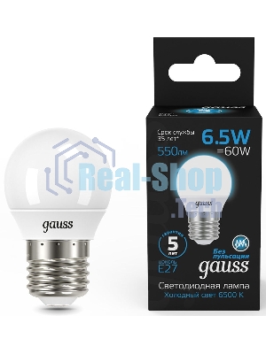 Лампа светодиодная Gauss 105102307 6.5Вт цок.: E27 шар 220B 6500K св. свеч. бел. хол. (упак.: 10 шт)