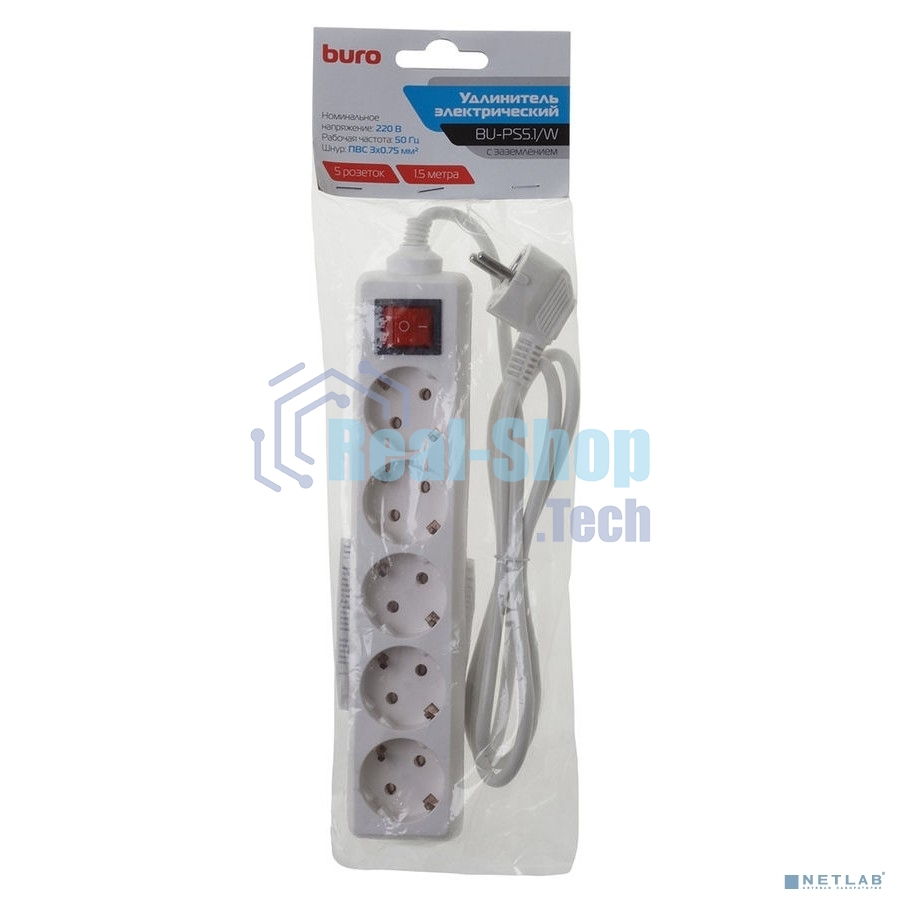 Сетевой удлинитель Buro BU-PS5.1/W 1.5 м (5 розеток) белый (пакет ПЭ)