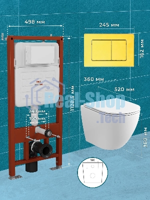 Комплект BAU 6 в 1: усиленная инсталляция BAU IDEAL, унитаз подвесной безободковый торнадо обратного потока Bau Dream Hurricane2, сиденье микролифт, клавиша BAU Light антивандальная нерж. сталь золото