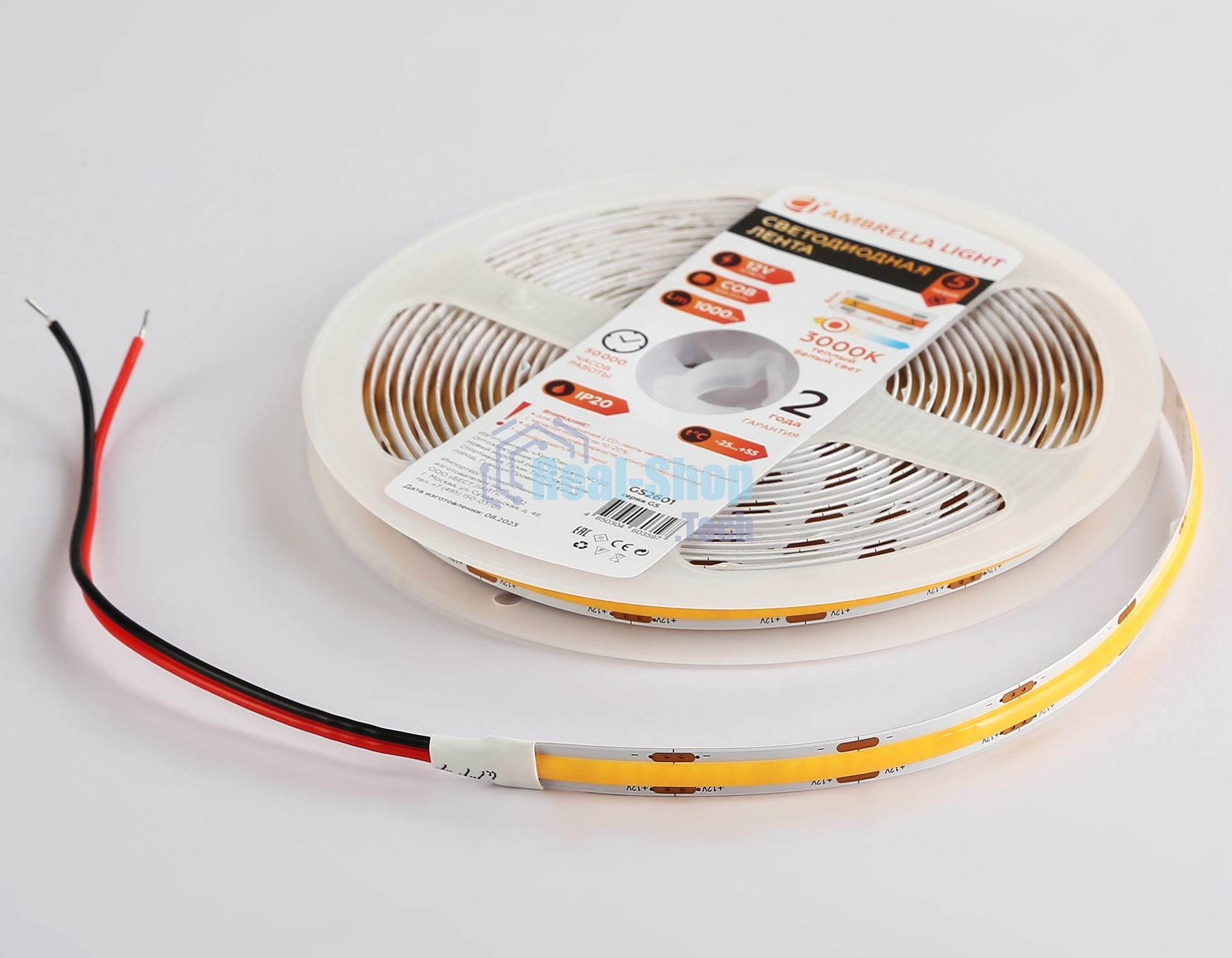 Светодиодная лента Ambrella light GS2601 COB 320Led/ 10W m/ 12V IP20 3000K/ 5000*8*1.54mm (2 конт.)