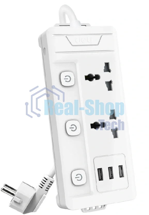 Сетевой фильтр универсальный Deli ET409/2 розетки + 3USB, 2 м