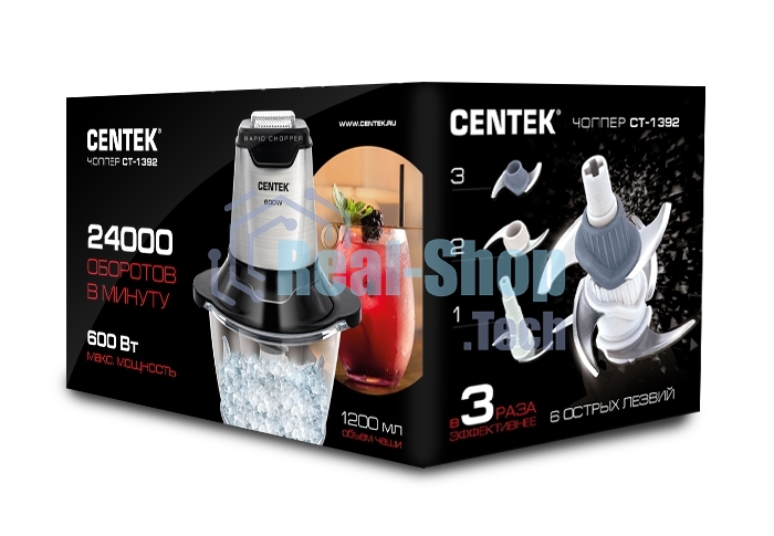 Чоппер Centek CT-1392 Сталь 600Вт 6 лезвий, стеклянная чаша 1,2л, разборные ножи