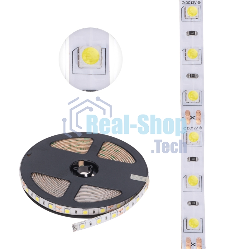 Лента светодиодная 5 м 12 В 5050 6500 К IP65 60 LED/м для БП с клеммами LAMPER
