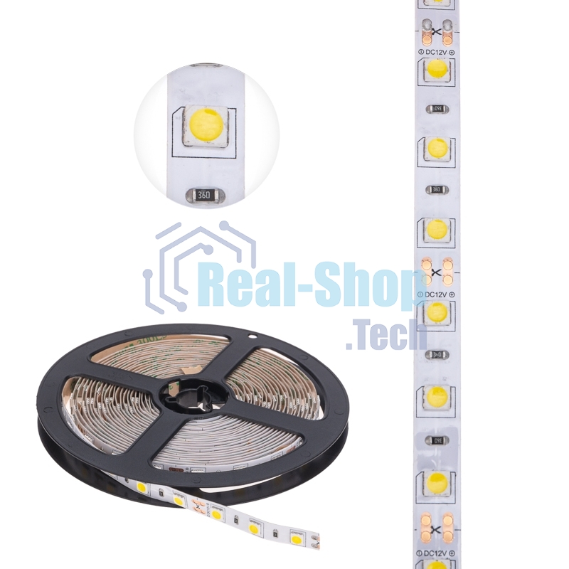 Лента светодиодная 5 м 12 В 5050 4000 К IP23 60 LED/м для БП с клеммами LAMPER