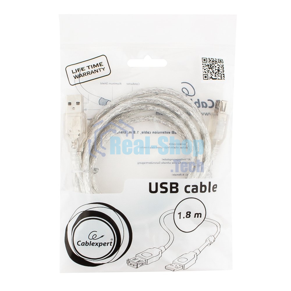 Кабель-удлинитель USB2.0 Pro Cablexpert CCF-USB2-AMAF-TR-6, AM/AF, 1,8м, экран, 2феррит.кольца, прозрачный, пакет