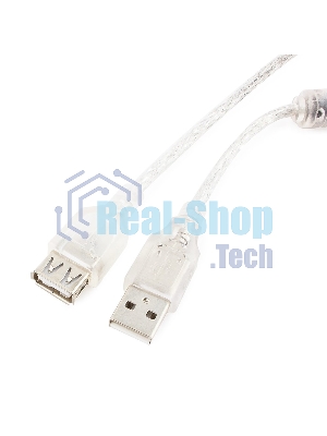 Кабель-удлинитель USB2.0 Pro Cablexpert CCF-USB2-AMAF-TR-2M, AM/AF, 2м, экран, 2феррит.кольца, прозрачный, пакет