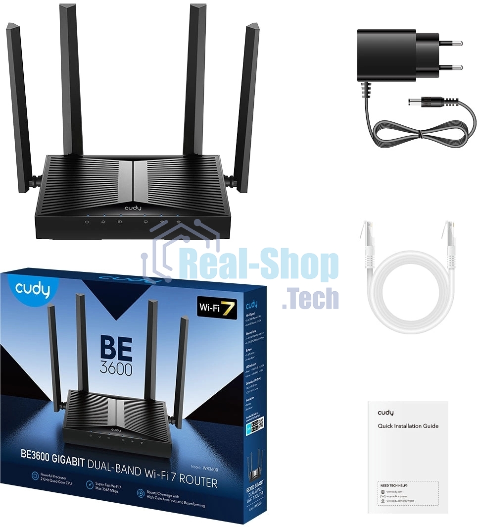 Маршрутизатор Cudy BE3600 Gigabit Dual Band Wi-Fi 7 Mesh Router, Chipset Broadcom, 802.11be/ax/ac/a/b/g/n, 2882Mbps at 5GHz + 688Mbps at 2.4GHz, 5 x 10/100/1000Mbps Ports, 4 x 5dBi fixed antennas, WiFi router/AP/Repeater/WISP Mode, PPTP/L2TP/OpenVPN/WireG