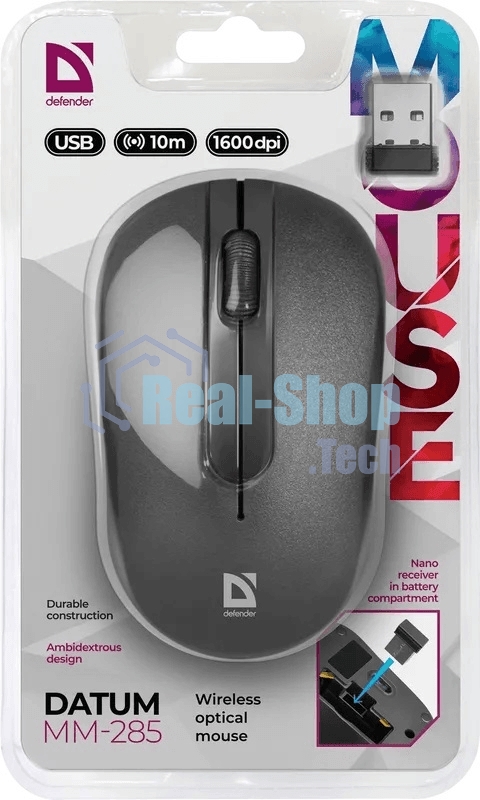 Мышь беспроводная Defender Datum MM-285 черный, 1600 dpi, радиоканал, USB, кнопки - 3