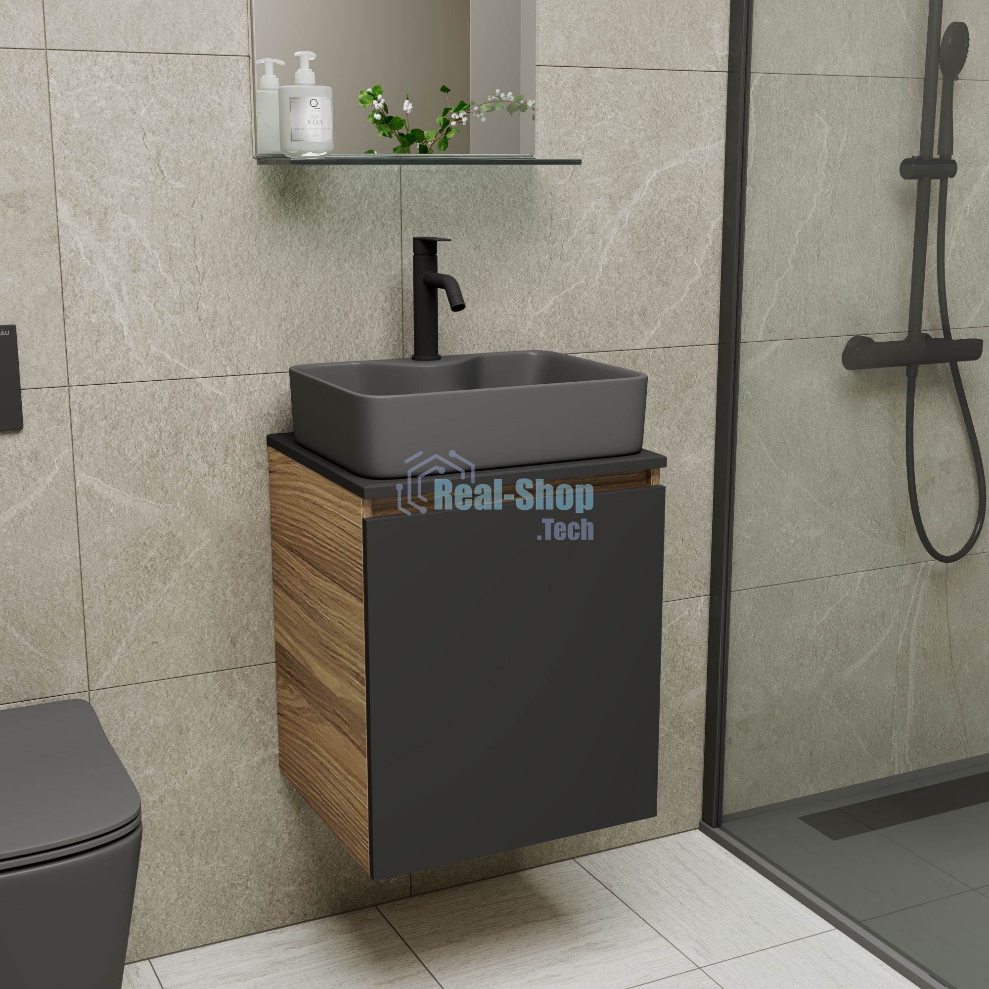 Тумба Bau Dream Blackwood 50 графит, раковина BAU Cerama 48х37 темно-серая матовая, смеситель Hotel Dream Black, нерж. сталь, черный