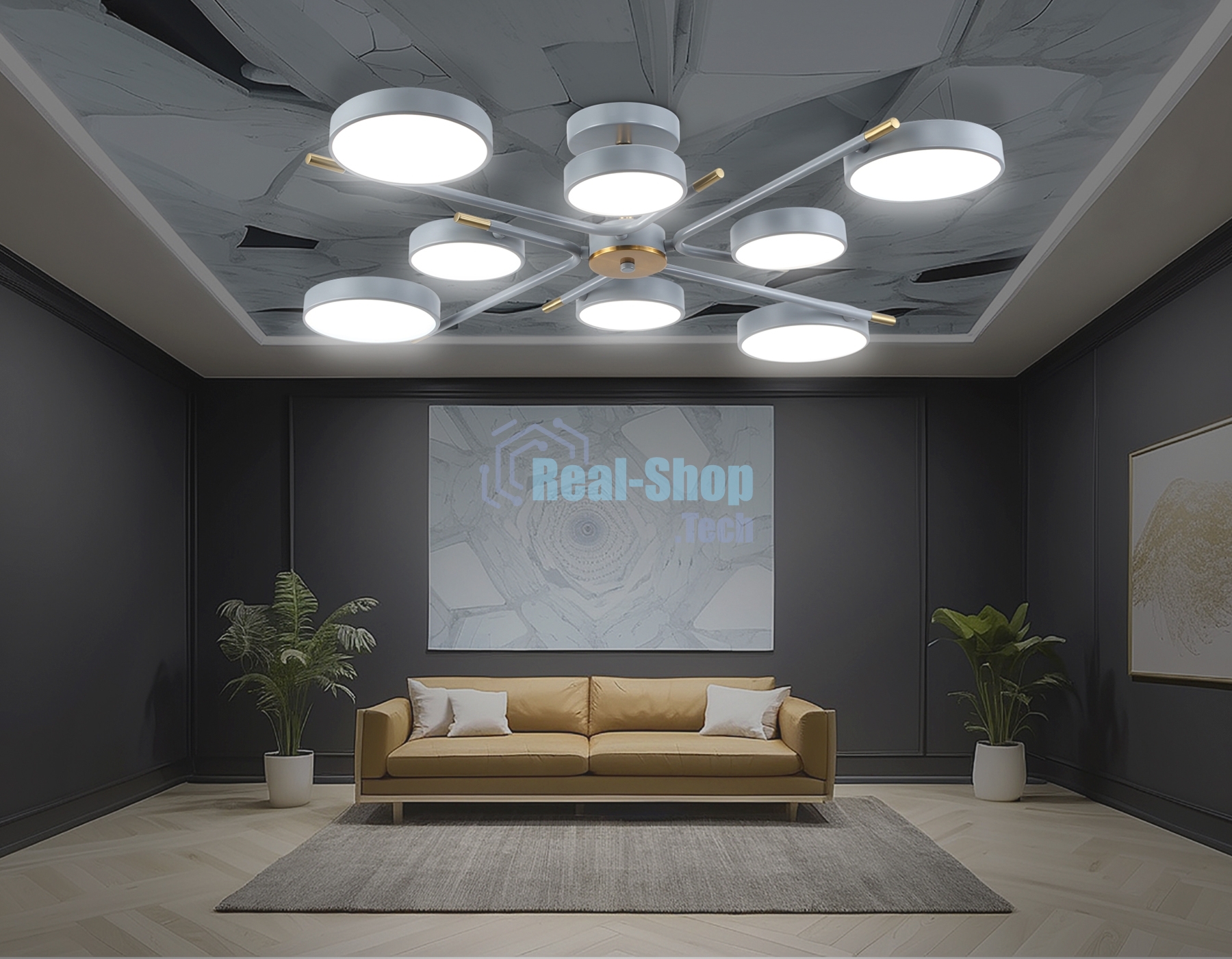 Люстра светодиодная на штанге Ambrella light FL516339/8 GR/CP серый/медь 120W 3000-6000K D850*170 (без ПДУ)