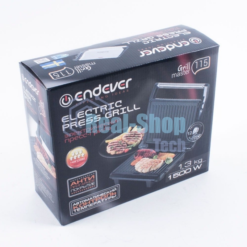 Гриль электрический Endever Grillmaster 115, 1500 Вт, авто терморегулятор, антипригарное покрытие, индикатор нагрева, серебристый/черный