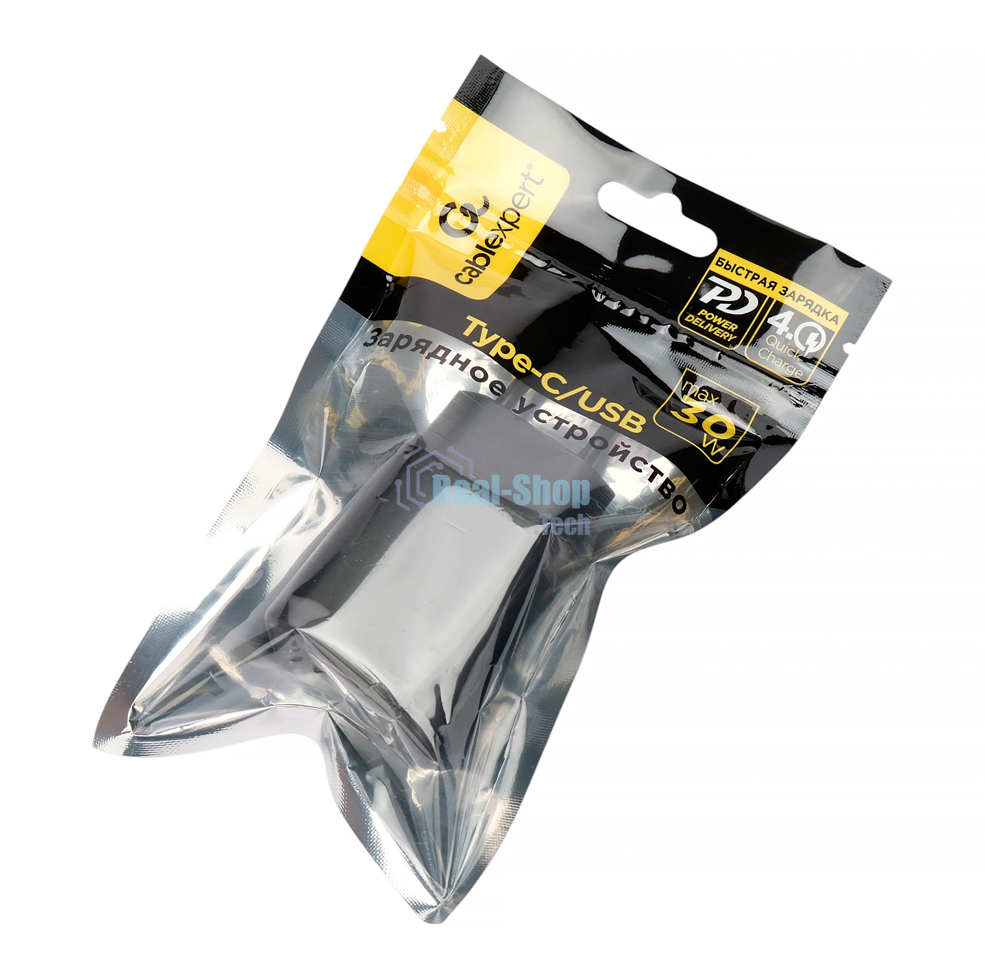 Зарядное устройство Cablexpert MP3A-PC-64, 30Вт GaN, 3А, QC4.0/PD, 1xUSB, 1xType-C, черный, пакет