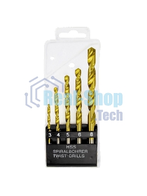 Набор Matrix нитридтитановых сверл по металлу, 3-4-5-6-8 мм, HSS, 5 шт., пласт. кор. цил. хвост.