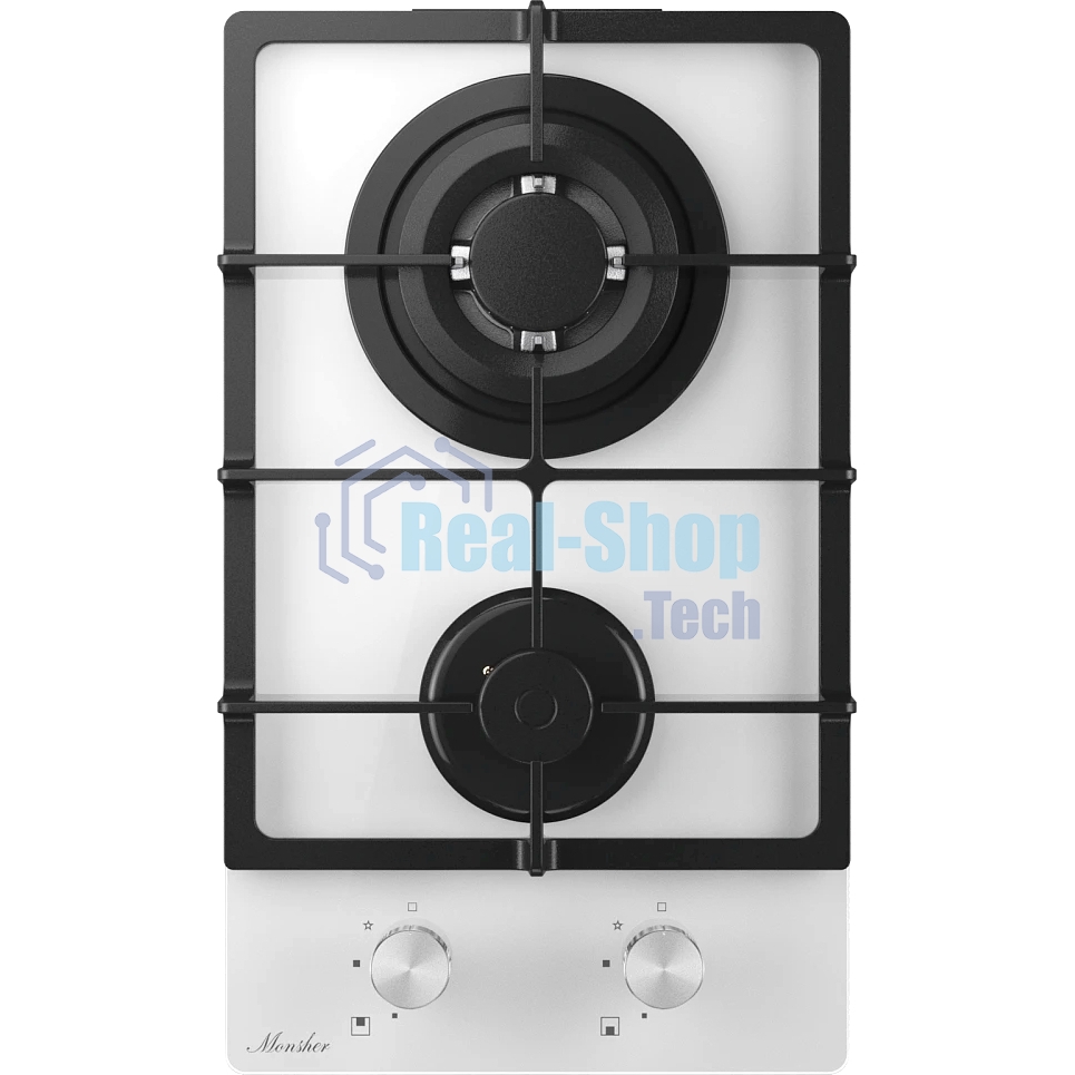 Газовая варочная панель MONSHER MGG 33 Blanc, газ, High-Tech, 30 см, автоматический электроподжиг, газ-контроль, форсунки под сжиженый газ, SABAF конфорки, чугунные решетки, белый