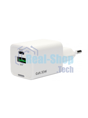 Зарядное устройство Cablexpert MP3A-PC-63, 30Вт GaN, 3А, QC4.0/PD, 1xUSB, 1xType-C, белый, пакет