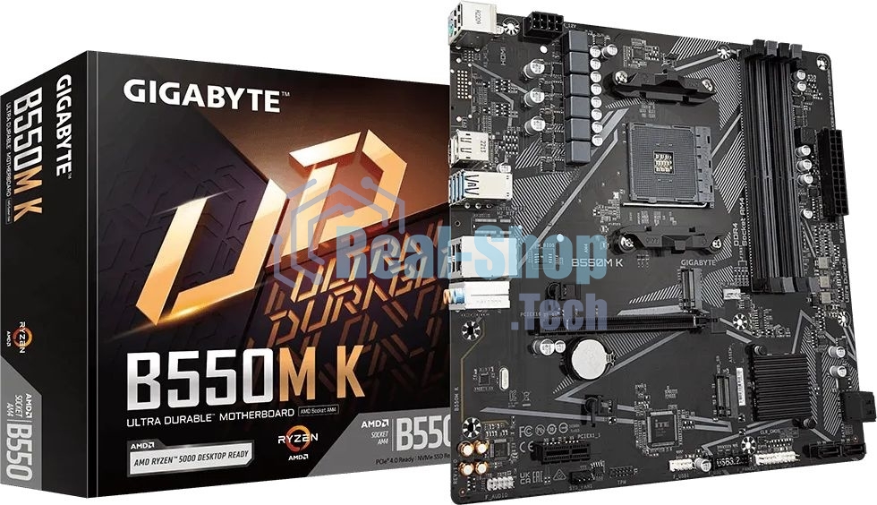 Материнская плата Gigabyte B550M K, AM4, AMD B550, 4xDDR4, 4xSATA, 2xM.2, 1xPCIe 4.0 x16, 1xPCIe x1, 1xHDMI, 1xDP, 1x 1Gb LAN, 4xUSB-A 3.2 Gen 1, 4xUSB-A 2.0, 3x3.5 мм, 7.1, mATX