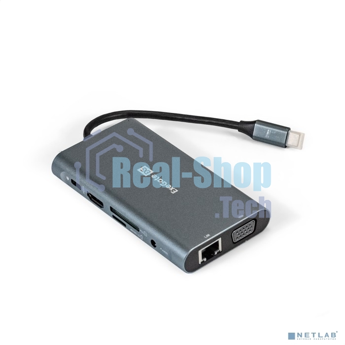 USB-концентратор ExeGate EX293985RUS DUB-31C/MAX (кабель-адаптер USB Type-C --> 3xUSB3.0 + Card Reader + PD 100W + HDMI 4K@30Hz + VGA + Audio + Lan RJ45 10/100/1000Mb, Plug&Play, серый)