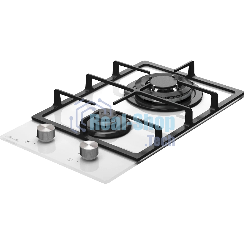Газовая варочная панель MONSHER MGG 33 Blanc, газ, High-Tech, 30 см, автоматический электроподжиг, газ-контроль, форсунки под сжиженый газ, SABAF конфорки, чугунные решетки, белый