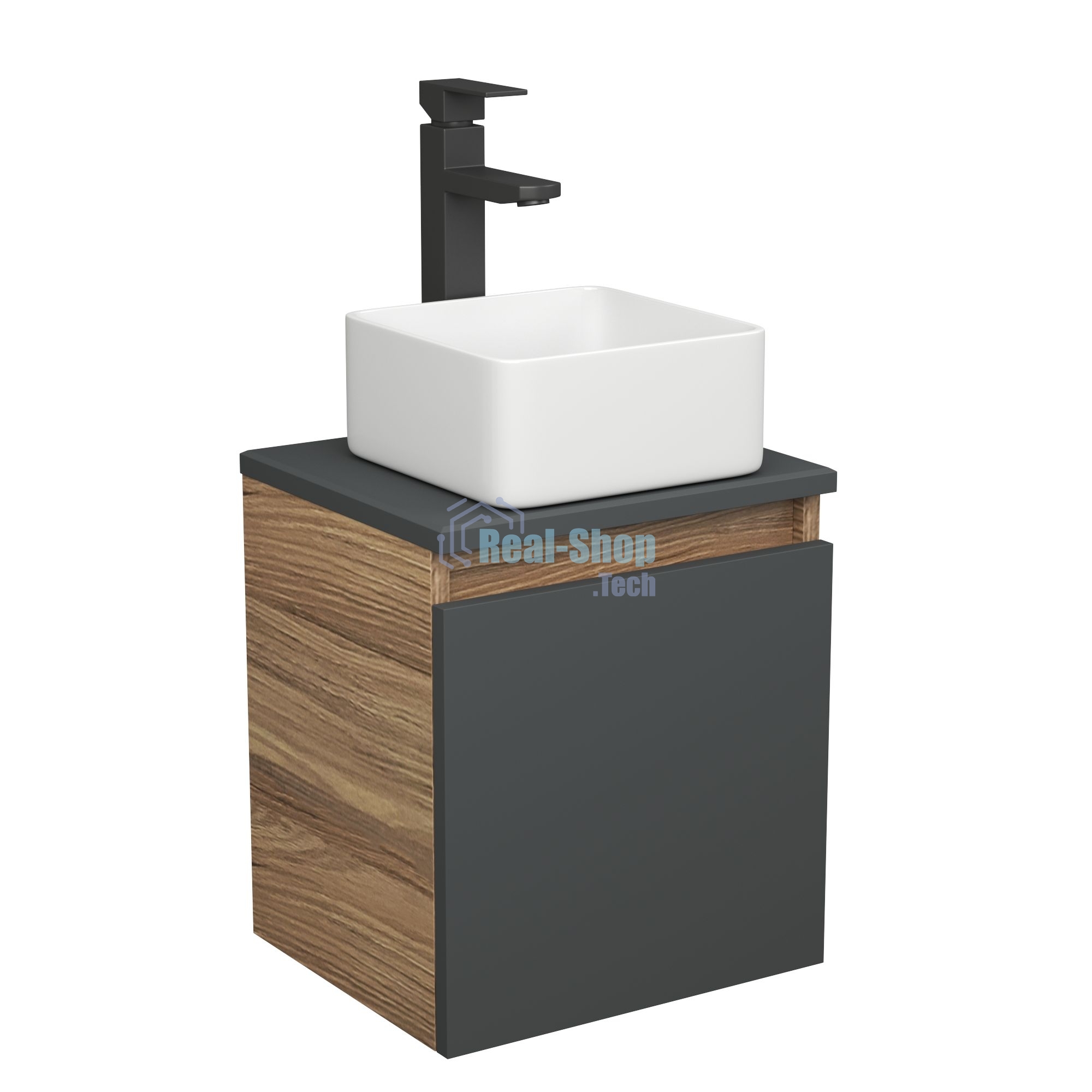 Тумба Bau Dream Blackwood 35 с ящиком, графит, раковина BAU Mini 24х24, смеситель для раковины высокий Hotel Black, черный