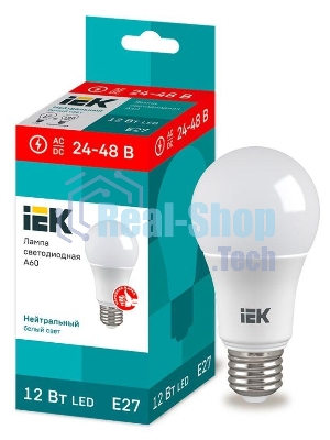 Лампа светодиодная IEK LLE-A60-12-24-48-40-E27 A60 шар 12Вт 24-48В 4000К E27 (низковольтная)