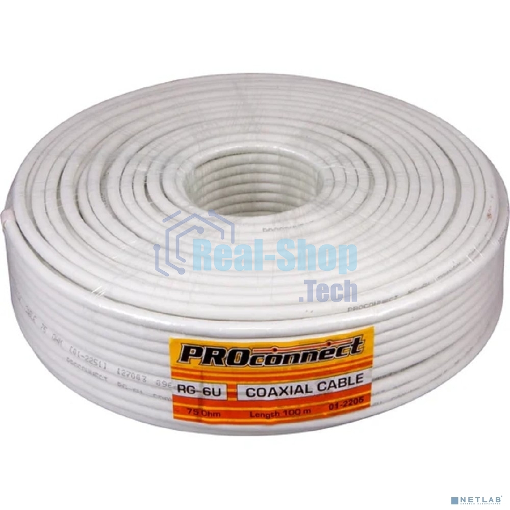 Кабель коаксиальный PROconnect RG-6U+Cu, 75 Ом, Cu/Al/Cu, 48%, бухта 100 м, белый