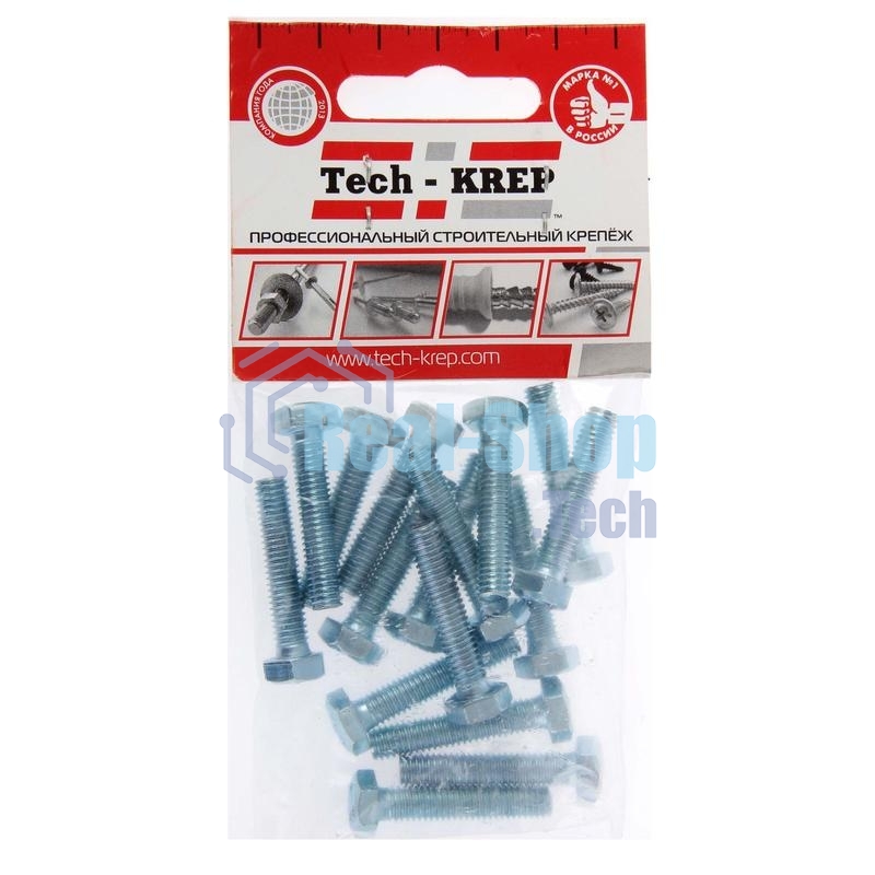 Болт М6х30 с шестигранной головкой цинк. DIN 933 (уп.16шт) класс прочности 8.8. пакет Tech-Krep 102959