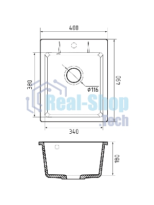 Мойка GRANFEST URBAN 240 1-чаша 400x490мм, монтаж: врезной, материал: кварц, темно-серый
