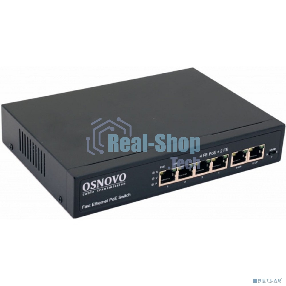 Коммутатор Osnovo SW-20600(80W) PoE коммутатор 6 портов, 4 PoE порта 10/100 Base-T, 2*10/100 Base-T Uplink, до 30W на порт, суммарно до 80W