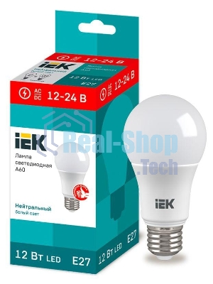 Лампа светодиодная IEK LLE-A60-12-12-24-40-E27 A60 шар 12Вт 12-24В 4000К E27 (низковольтная)