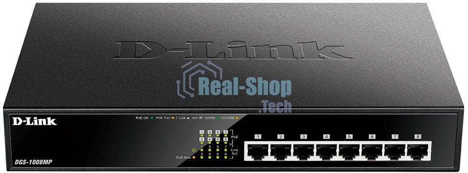 Коммутатор D-Link DGS-1008MP/B1A, 8×1 Гбит/с, неуправляемый