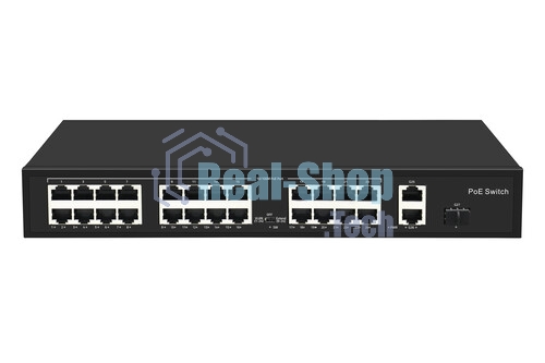 Коммутатор GIGALINK GL-SW-F005-24P - неуправляемый, 24 PoE (802.3af/at) порта 10/100 Мбит/с 1-8 порт до 250 метров cat.6, 2 * COMBOSFP 1000 Мбит/с, 300Вт