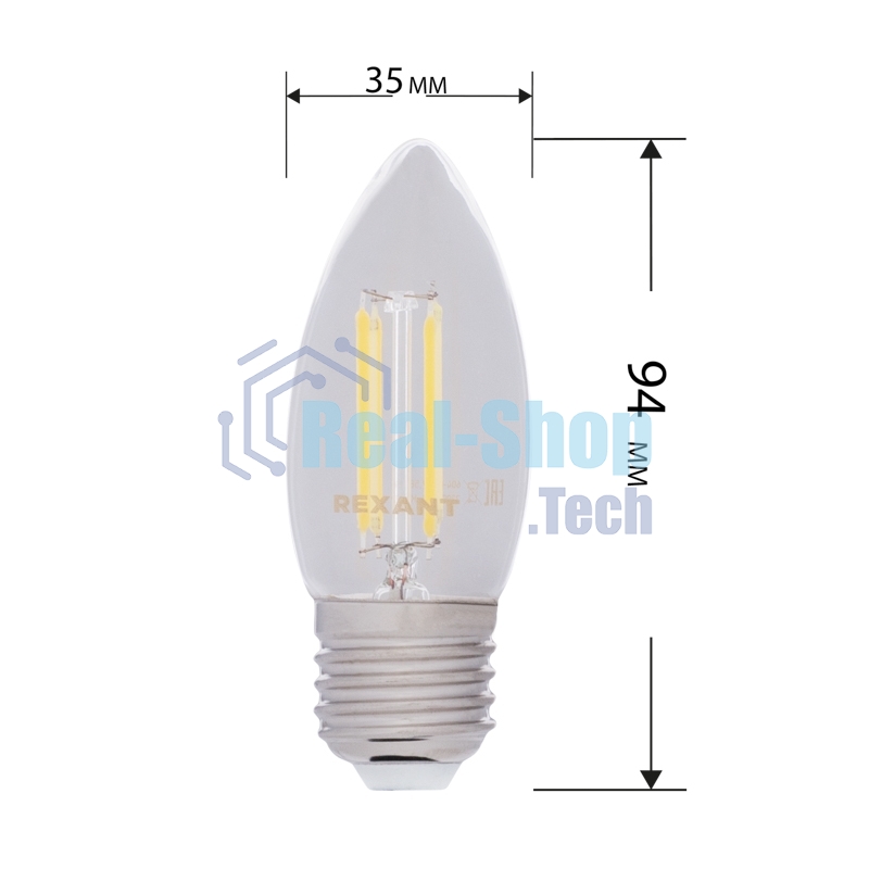 Лампа светодиодная филаментная Rexant Свеча CN35 7.5 Вт 600 Лм 4000K E27 прозрачная колба